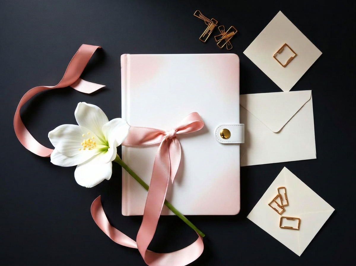 Luxury flat lay of a leather planner, blush ribbon, and gold accessories representing polished administrative support